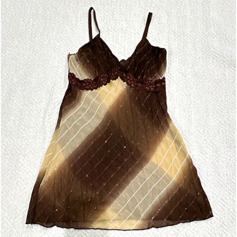 Women's Brown & Beige Striped Lace Trim Chemise Camisole Spaghetti Straps Sz S